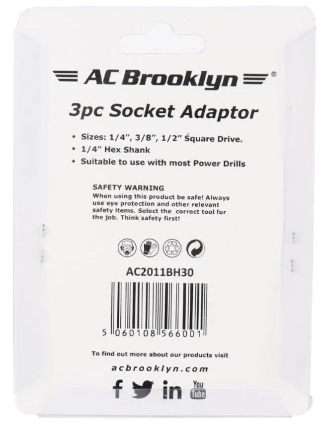 AC Brooklyn 3-Piece Socket Adaptor Set - 1/4", 3/8", 1/2" Drive, Power Drill Compatible