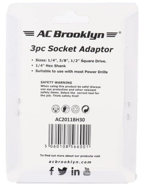 AC Brooklyn 3-Piece Socket Adaptor Set - 1/4", 3/8", 1/2" Drive, Power Drill Compatible