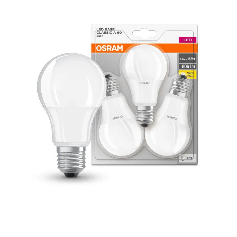 Osram LED Base Classic A 60 8.5W 827 Frosted E27 3 Pack
