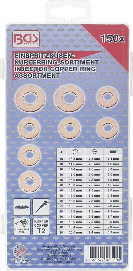 Injector Copper Ring Assortment - 150 pcs. for Common-Rail Diesel Systems (CDI)  T2 Copper