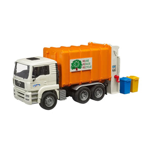 Bruder MAN TGA Garbage Truck - Rear Loader Toy with Tilting Cab & Bins (1:16 Scale)