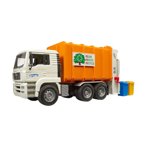 Bruder MAN TGA Garbage Truck - Rear Loader Toy with Tilting Cab & Bins (1:16 Scale)