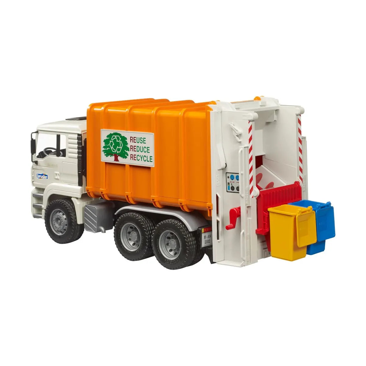 Bruder MAN TGA Garbage Truck - Rear Loader Toy with Tilting Cab & Bins (1:16 Scale)