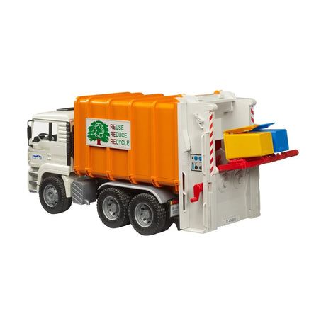 Bruder MAN TGA Garbage Truck - Rear Loader Toy with Tilting Cab & Bins (1:16 Scale)