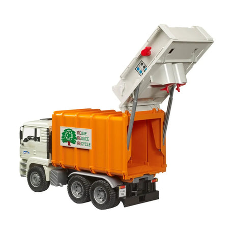 Bruder MAN TGA Garbage Truck - Rear Loader Toy with Tilting Cab & Bins (1:16 Scale)