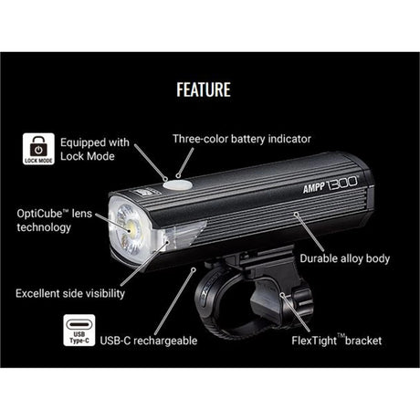CatEye AMPP 1300 Front Bike Light - 1300 Lumen USB-C Rechargeable with Wide Beam
