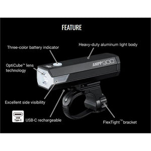 CatEye AMPP 900 Front Bike Light - 900 Lumen USB-C Rechargeable with OptiCube™ Beam
