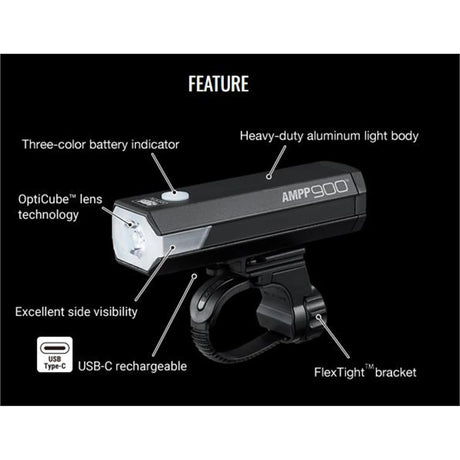 CatEye AMPP 900 Front Bike Light - 900 Lumen USB-C Rechargeable with OptiCube™ Beam