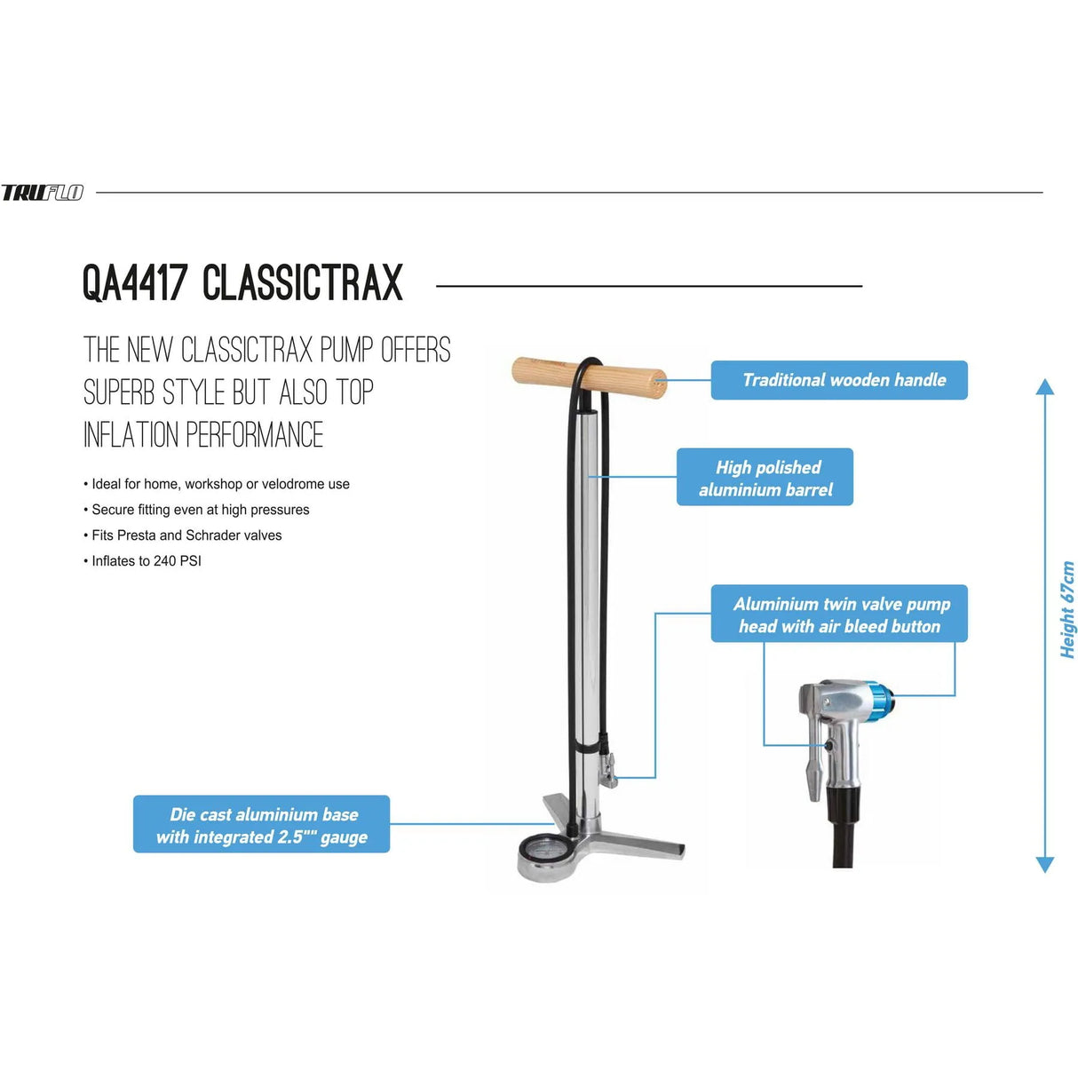 Classictrax Floor Pump QA4417 - High Pressure Bicycle Pump with Gauge & Twin Valve