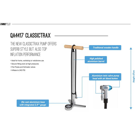 Classictrax Floor Pump QA4417 - High Pressure Bicycle Pump with Gauge & Twin Valve