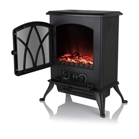 Daewoo 2kW Electric Stove Heater Black HEA1200 - Freestanding Fireplace with Flame Effect