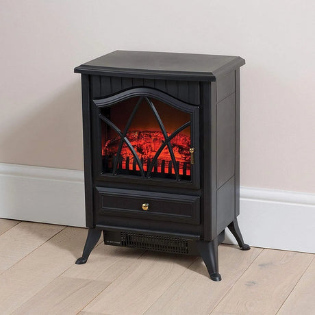 Daewoo 2kW Electric Stove Heater Black HEA1200 - Freestanding Fireplace with Flame Effect
