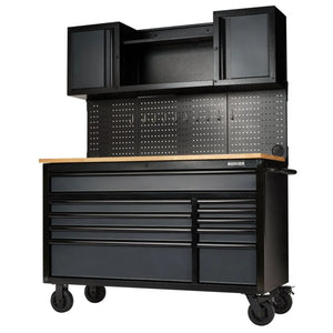 BUNKER 56" Mobile Workstation with 10 Drawers, Hardwood Worktop, and Pegboards - Grey