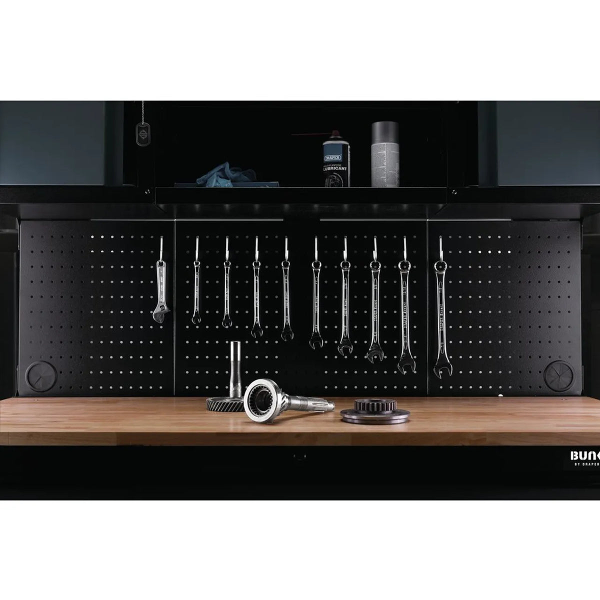 BUNKER 56" Mobile Workstation with 10 Drawers, Hardwood Worktop, and Pegboards - Grey