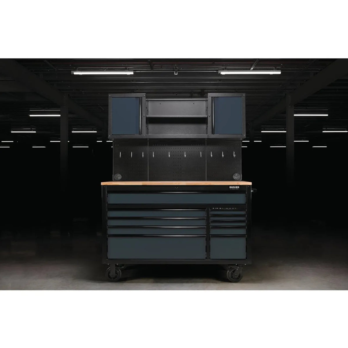 BUNKER 56" Mobile Workstation with 10 Drawers, Hardwood Worktop, and Pegboards - Grey