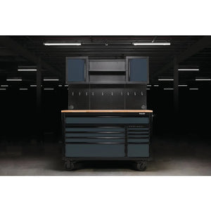 BUNKER 56" Mobile Workstation with 10 Drawers, Hardwood Worktop, and Pegboards - Grey
