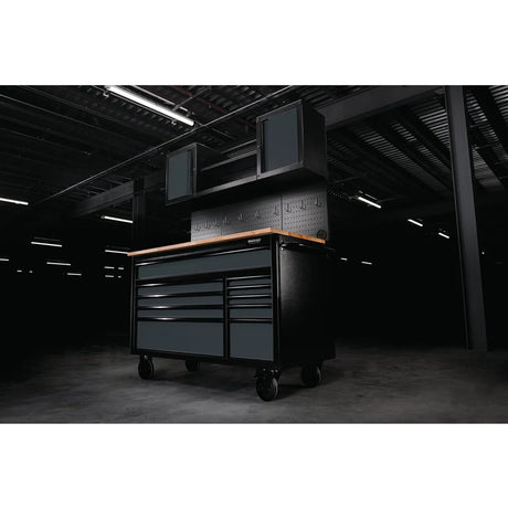 BUNKER 56" Mobile Workstation with 10 Drawers, Hardwood Worktop, and Pegboards - Grey