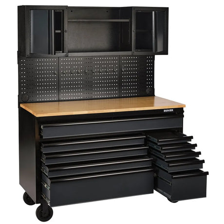 BUNKER 56" Mobile Workstation with 10 Drawers, Hardwood Worktop, and Pegboards - Grey