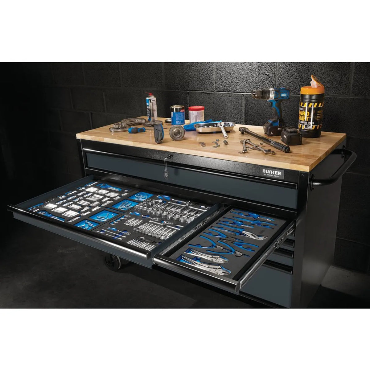 BUNKER 56" Workbench Roller Tool Cabinet with 10 Drawers, Hardwood Worktop - Grey (08227)
