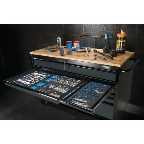 BUNKER 56" Workbench Roller Tool Cabinet with 10 Drawers, Hardwood Worktop - Grey (08227)