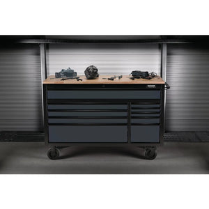 BUNKER 56" Workbench Roller Tool Cabinet with 10 Drawers, Hardwood Worktop - Grey (08227)