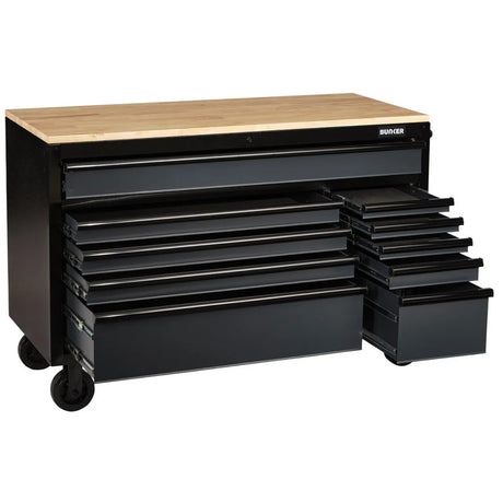 BUNKER 56" Workbench Roller Tool Cabinet with 10 Drawers, Hardwood Worktop - Grey (08227)