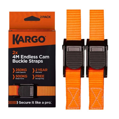 Kargo Endless Cam Buckle Strap 4m x 25mm [250kg] (2 Pack) - One-Piece Quick Release Tie-Down