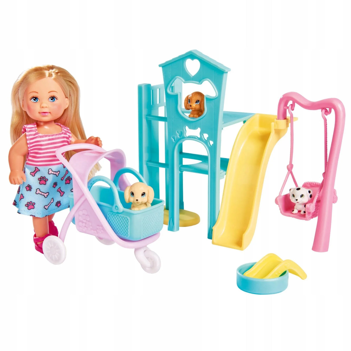 Evi Love Puppy Fun Playground Set with 3 Puppies & Play Equipment - 12cm Doll