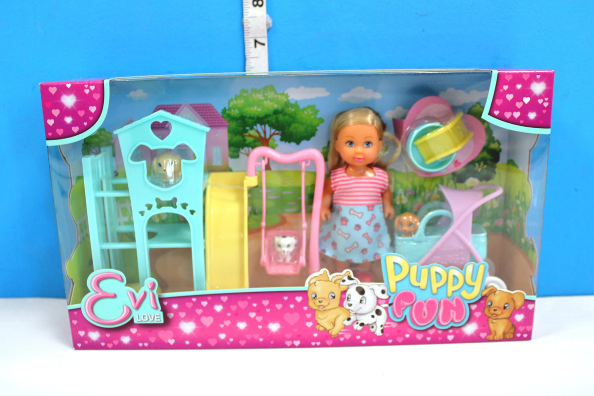 Evi Love Puppy Fun Playground Set with 3 Puppies & Play Equipment - 12cm Doll