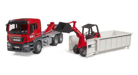Bruder MAN TGS truck with roll-off container and Schäffer yard loader