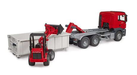 Bruder MAN TGS truck with roll-off container and Schäffer yard loader