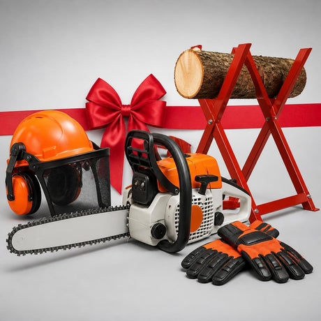 First Chainsaw Starter Kit bundle - Husqvarna chainsaw, forest helmet, chainsaw gloves and Logmaster saw horse