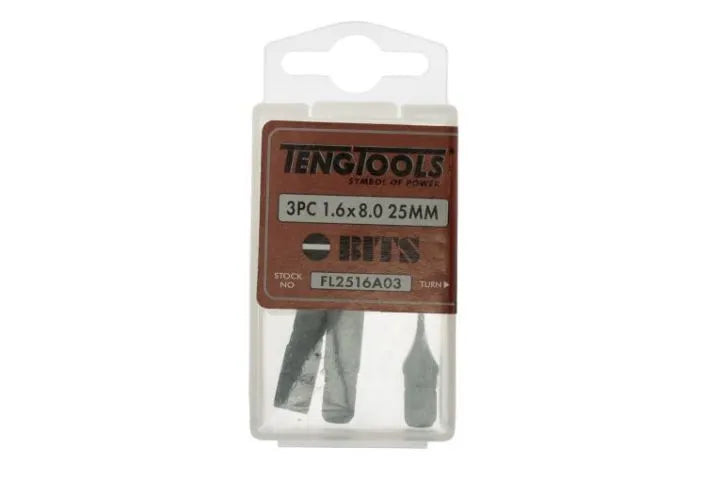 Teng Tools 8mm Flat Bit 25mm Long For Slotted Heads 1/4" Hex 3 Pack