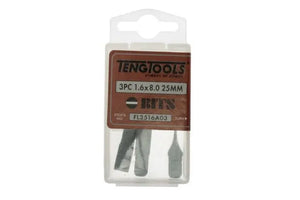 Teng Tools 8mm Flat Bit 25mm Long For Slotted Heads 1/4" Hex 3 Pack