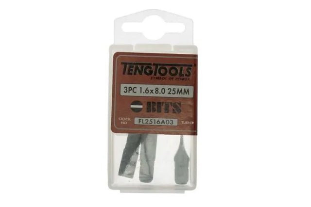 Teng Tools 8mm Flat Bit 25mm Long For Slotted Heads 1/4" Hex 3 Pack