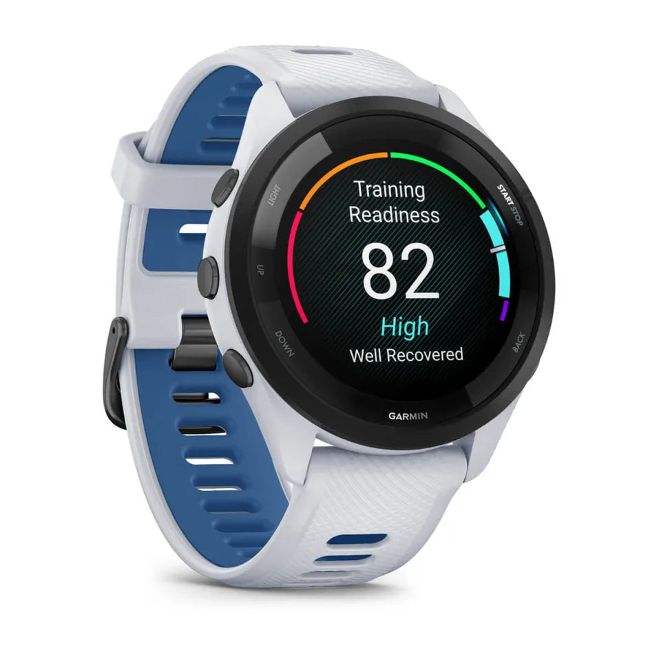 Garmin Forerunner 265 Running Watch - Black Bezel with Whitestone Case & Whitestone/Tidal Blue Band