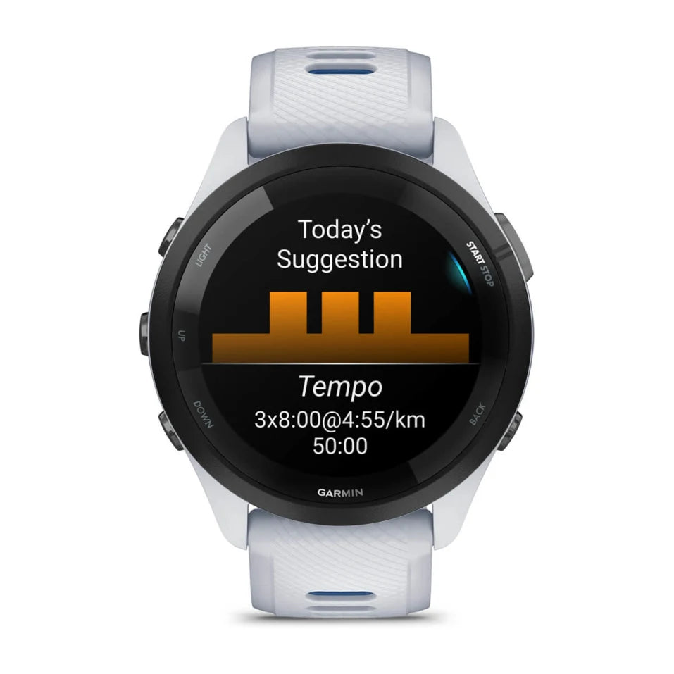 Garmin Forerunner 265 Running Watch - Black Bezel with Whitestone Case & Whitestone/Tidal Blue Band