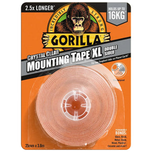 Gorilla Crystal Clear Mounting Tape - 25mm x 3.8m, Holds Up to 16kg, Weather-Resistant
