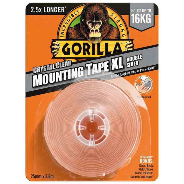 Gorilla Crystal Clear Mounting Tape - 25mm x 3.8m, Holds Up to 16kg, Weather-Resistant