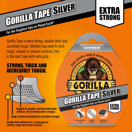 Gorilla Silver Duct Tape 32m x 50mm - Extra Strong, Double-Thick, Weather-Resistant Tape