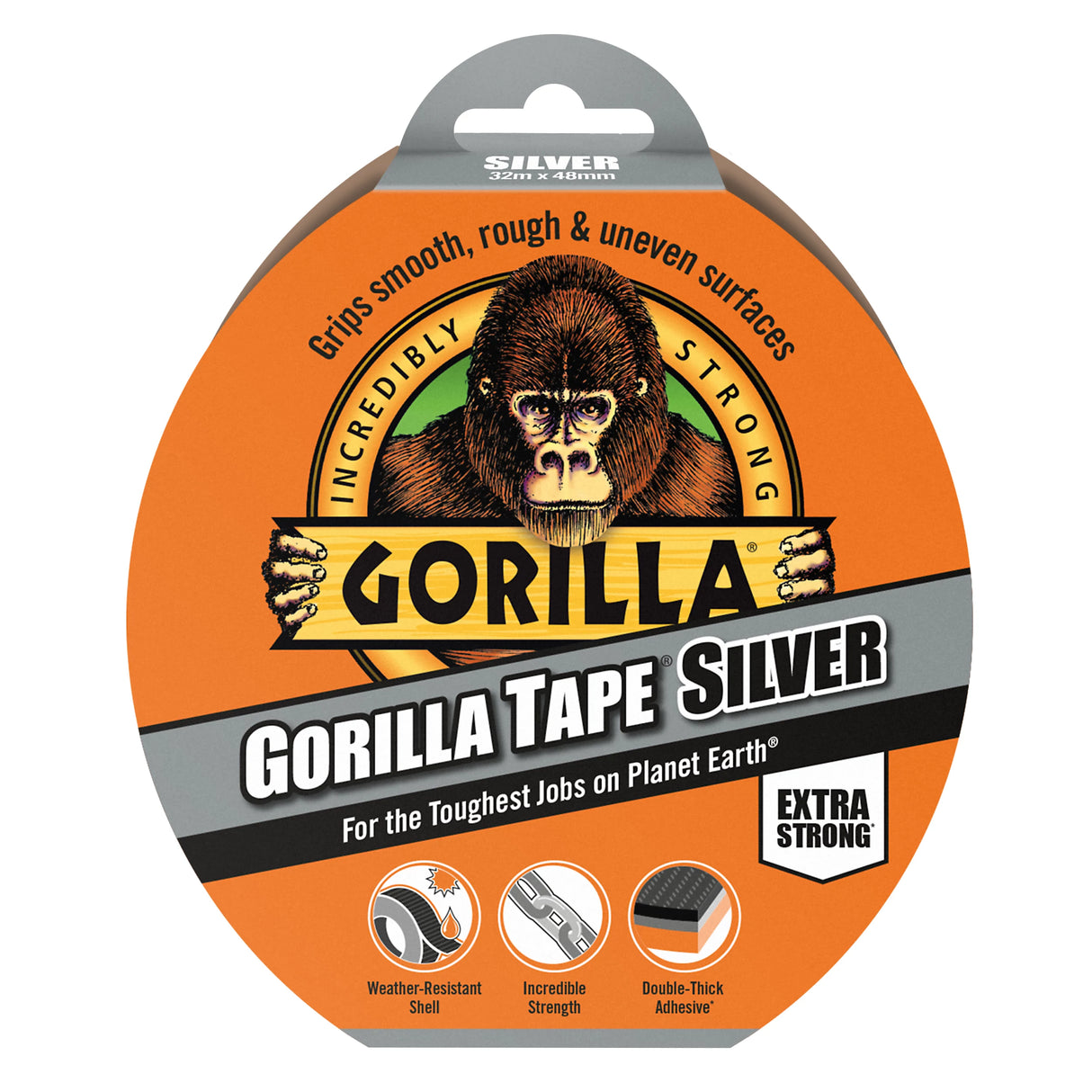 Gorilla Silver Duct Tape 32m x 50mm - Extra Strong, Double-Thick, Weather-Resistant Tape