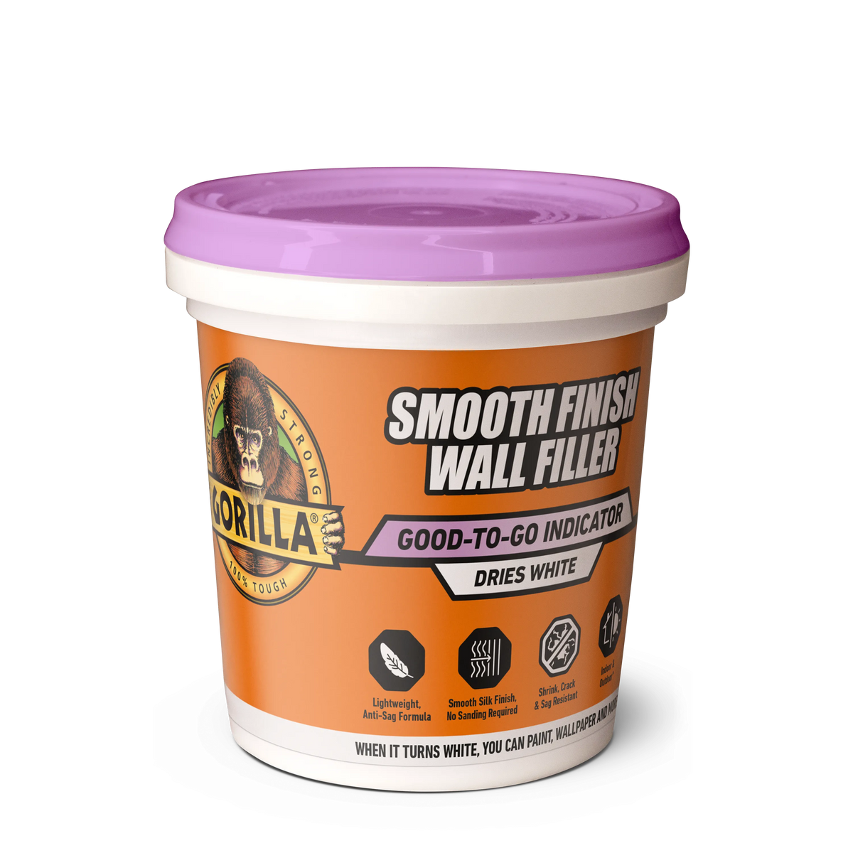 Gorilla Smooth Finish Wall Filler 473 ml - Colour‑Change Purple→White, Anti‑Sag & Crack‑Resistant (Code 118798)