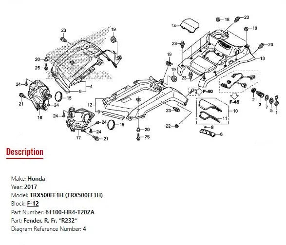 Honda Front Right Fender | 61100-HR4-T20ZA - Genuine Replacement for Honda ATV Models