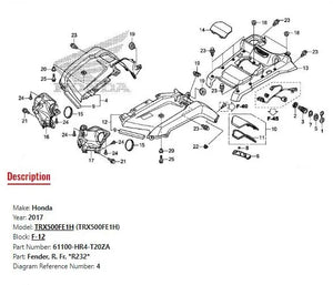 Honda Front Right Fender | 61100-HR4-T20ZA - Genuine Replacement for Honda ATV Models