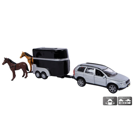 Kids Globe Volvo XC90 Jeep with Horse Trailer & 2 Horses | Pull-Back Mechanism