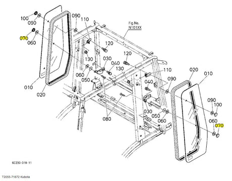 Kubota Side Glass Bracket T2055-71872 | OEM Side Window & Sunroof Support