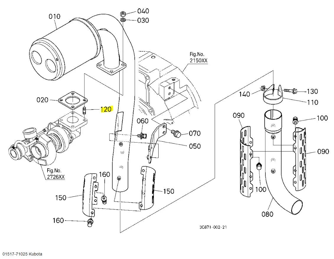 Kubota Stud 01517-71025 | OEM Exhaust Muffler Stud for M8540DCN