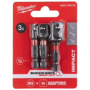 Milwaukee 4932479228 ShockWave 3 Piece Impact Duty Adaptor Set | 1/4" Hex to Square Drive