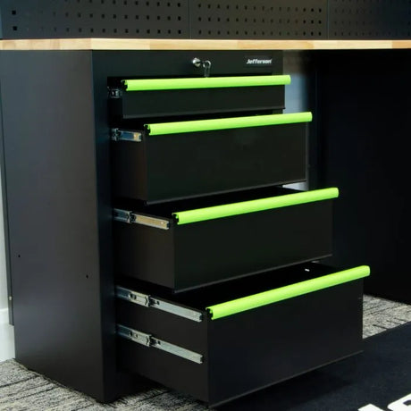 Jefferson Modular Storage System Combo with LED Lights - Lockable Units & Wooden Work Bench
