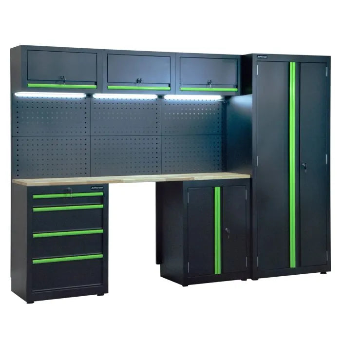 Jefferson Modular Storage System Combo with LED Lights - Lockable Units & Wooden Work Bench